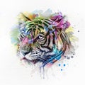 Colorful artistic tiger muzzle with colorful paint splatters on white background.