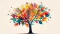 Colorful artistic tree with multicolored leaves spreading against a soft white background