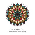 Mandala colored oriental round floral ornament. Colorful vector hand drawn decoration