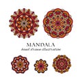 Mandala colored oriental round floral ornaments set. Colorful vector hand drawn decorations Royalty Free Stock Photo