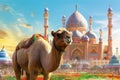 Colorful artwork beautifully combines Camel, Sheep, Goat, and mosque in the background