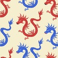 Colorful Asian dragons hand drawn vector illustration. Medieval mythology animal seamless pattern.