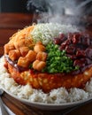 Colorful Assorted Asian Dish with Rice, Vegetables, and Tofu Served Hot on Wooden Table Exotic Cuisine Concept