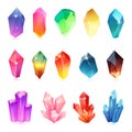 Colorful assorted crystals set. Crystalline gemstone. Magic semiprecious stones collection. Set of jewel or mineral