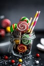 Colorful assorted lollipops in glass jar with decorative sweets Royalty Free Stock Photo