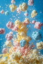 Colorful Assorted Popcorn Burst in Midair Against Blue Background High Speed Food Photography Concept