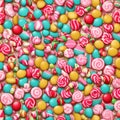 Colorful Assortment of Candy - Round Shapes, White and Red Swirled Stripes, Blue Chewing Gums, Yellow Dragees, and Hard Candies
