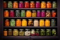 colorful assortment of canned goods on pantry shelf