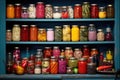 colorful assortment of canned goods on pantry shelf