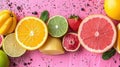 A colorful assortment of citrus fruits arranged on a pink background, AI