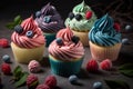 A colorful assortment of cupcakes with swirled cream frosting and berries including vanilla, chocolate, blueberry, and raspberry. Royalty Free Stock Photo