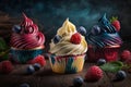 A colorful assortment of cupcakes with swirled cream frosting and berries including vanilla, chocolate, blueberry, and raspberry. Royalty Free Stock Photo