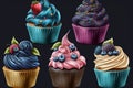 A colorful assortment of cupcakes with swirled cream frosting and berries including vanilla, chocolate, blueberry, and raspberry. Royalty Free Stock Photo