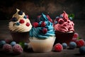 A colorful assortment of cupcakes with swirled cream frosting and berries including vanilla, chocolate, blueberry, and raspberry. Royalty Free Stock Photo