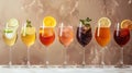 Colorful Assortment of Drinks in Vibrant Glasses - Water, Soda, Juice, Wine & Cocktails with Unique Textures and Tones Royalty Free Stock Photo