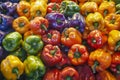Colorful Assortment of Fresh Bell Peppers in Vibrant Green, Red, Yellow, and Purple at Market Display Royalty Free Stock Photo