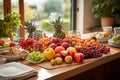 Colorful assortment of fresh fruits and healthy juices in a vibrant kitchen with natural light Royalty Free Stock Photo