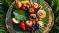 Delicious Assortment of Fruits, Pastries, and Nuts on Woven Plate in Garden Setting Royalty Free Stock Photo