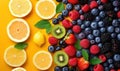 Colorful Assortment of Fruits on a Yellow Background