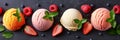 Colorful assortment of fruity gelato flavors presented in an enticing and visually appealing display