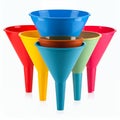 Colorful assortment of funnels stacked meticulously forming a conical array on white background Royalty Free Stock Photo