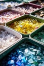 Colorful Assortment of Gemstones in Market Bins