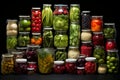 Colorful Assortment of Glass Jars for Preserving and Displaying Vibrant Freshly Harvested Fruits and Vegetables