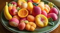 Colorful Marzipan Fruits Arranged on a Green Plate Creating an Artistic Look Royalty Free Stock Photo