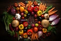 Colorful assortment of healthy vegetables and fruits in a top view flat lay on dark background Royalty Free Stock Photo