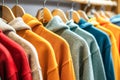 Colorful Assortment of Hooded Sweatshirts Hanging in a Modern Wardrobe