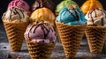 Colorful Ice Cream Cones Variety on a Dark Background Delightful Sweet Treat Royalty Free Stock Photo