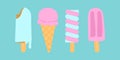 Colorful assortment of ice creams and popsicles with bites and drips, in pastel pink and blue, vector illustration on teal Royalty Free Stock Photo