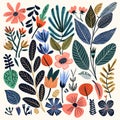 Colorful assortment illustrated flowers leaves modern, artistic style. Botanical collection Royalty Free Stock Photo