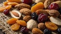 Delicious Mix of Dried Fruits and Nuts on Burlap Royalty Free Stock Photo