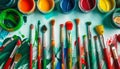 A colorful assortment of paints and brushes, artistic celebrations idea Royalty Free Stock Photo