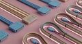 Colorful assortment of scattered computer cables with connectors on a solid pink background for technology concepts Royalty Free Stock Photo