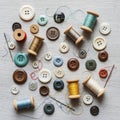 Colorful assortment of sewing buttons and thread spools on a textured Royalty Free Stock Photo