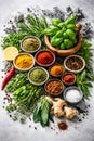 Colorful Assortment Of Spices And Fresh Herbs Arranged In Bright Flat Lay Royalty Free Stock Photo