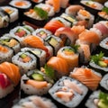 A colorful assortment of sushi rolls on a sushi boat1