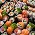 A colorful assortment of sushi rolls on a sushi boat4