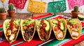 Colorful Assortment of Tacos on Vibrant Mexican-Themed Pattern Royalty Free Stock Photo