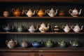 A colorful assortment of teapots in various shapes, sizes, and designs displayed on a shelf, Antique teapots arranged on a rustic