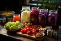 Colorful assortment of vegetables, fragrant spices, salt and fermenting vessels for homemade fermentation