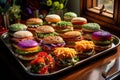 a colorful assortment of veggie burgers on a tray