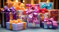 A colorful assortment of wrapped birthday presents with bows and ribbons