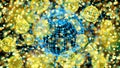 Colorful atom grid sphere, blur bokeh defocused on black background, 3D Rendering, 3D Illustration.