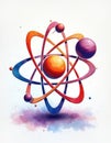 Colorful atom model illustration with orbiting electrons, nucleus. Science, education, abstract art themes present. Graphic Royalty Free Stock Photo