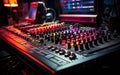 Colorful Audio Spectrum Display over Sound Mixer Console in a Dark Recording Studio Royalty Free Stock Photo