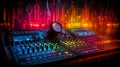 Colorful Audio Spectrum Display over Sound Mixer Console in a Dark Recording Studio Royalty Free Stock Photo