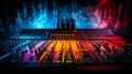 Colorful Audio Spectrum Display over Sound Mixer Console in a Dark Recording Studio Royalty Free Stock Photo